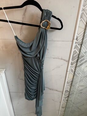 PatBO One-Shoulder Steel Blue Ruched Cocktail Dress with Gold Buckle